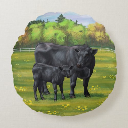 Black Angus Cow  Cute Calf in Summer Pasture Round Pillow