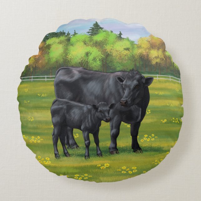 Black Angus Cow & Cute Calf in Summer Pasture Round Pillow (Front)