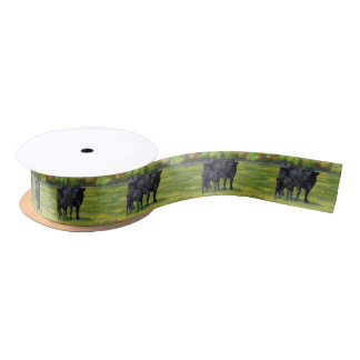 Black Angus Cow & Cute Calf in Summer Pasture Satin Ribbon