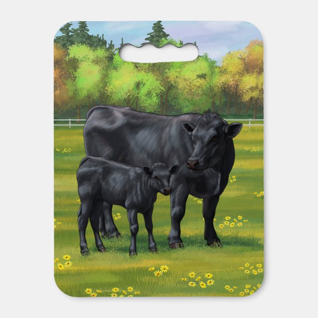 Black Angus Cow & Cute Calf in Summer Pasture Seat Cushion (Front Vertical)
