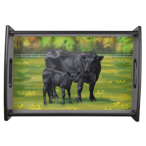 Black Angus Cow  Cute Calf in Summer Pasture Serving Tray