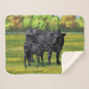 Black Angus Cow & Cute Calf in Summer Pasture Sherpa Blanket