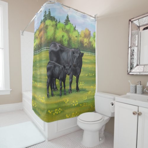 Black Angus Cow  Cute Calf in Summer Pasture Shower Curtain