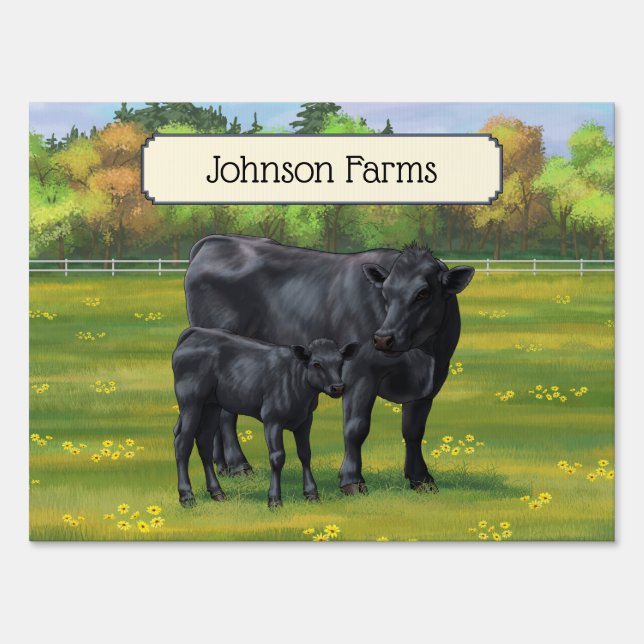 Black Angus Cow & Cute Calf in Summer Pasture Sign (Front)