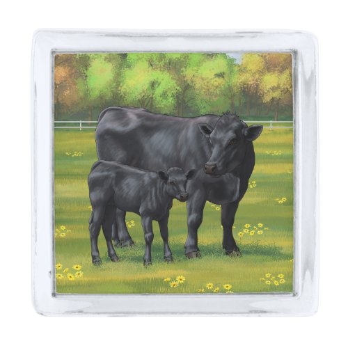 Black Angus Cow  Cute Calf in Summer Pasture Silver Finish Lapel Pin