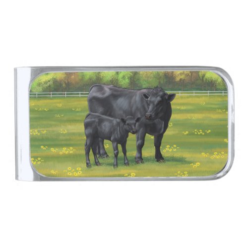 Black Angus Cow  Cute Calf in Summer Pasture Silver Finish Money Clip