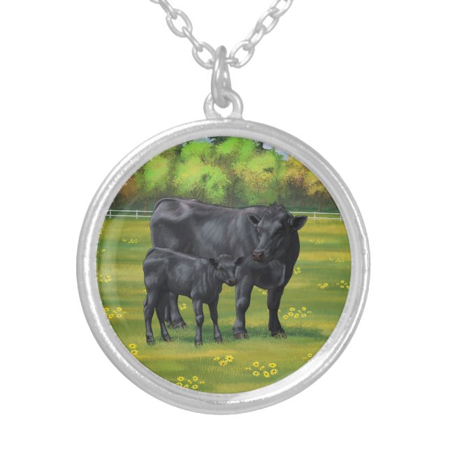 Black Angus Cow & Cute Calf in Summer Pasture Silver Plated Necklace (Front)