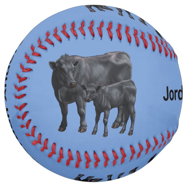 Black Angus Cow & Cute Calf in Summer Pasture Softball (Front Left)