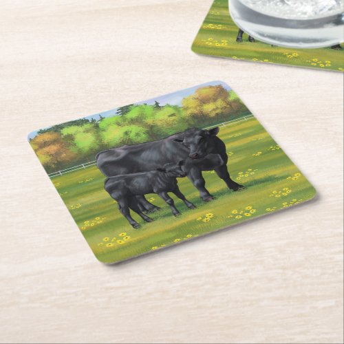 Black Angus Cow  Cute Calf in Summer Pasture Square Paper Coaster