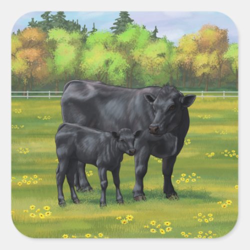 Black Angus Cow  Cute Calf in Summer Pasture Square Sticker