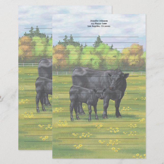 Black Angus Cow & Cute Calf in Summer Pasture Stationery (Front/Back)