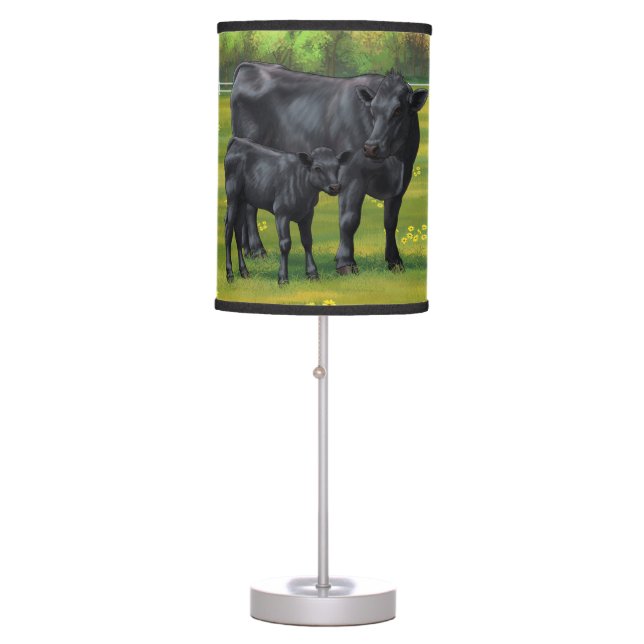 Black Angus Cow & Cute Calf in Summer Pasture Table Lamp (Front)