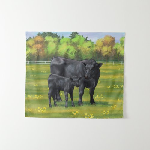 Black Angus Cow  Cute Calf in Summer Pasture Tapestry