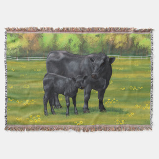 Black Angus Cow & Cute Calf in Summer Pasture Throw Blanket
