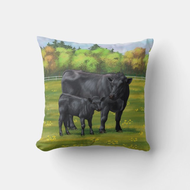 Black Angus Cow & Cute Calf in Summer Pasture Throw Pillow (Front)