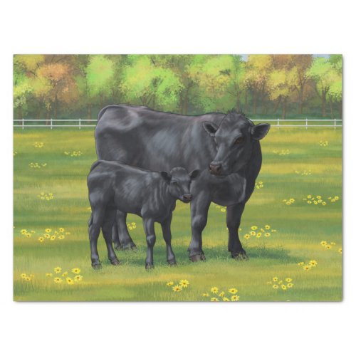 Black Angus Cow  Cute Calf in Summer Pasture Tissue Paper