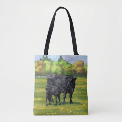 Black Angus Cow  Cute Calf in Summer Pasture Tote Bag
