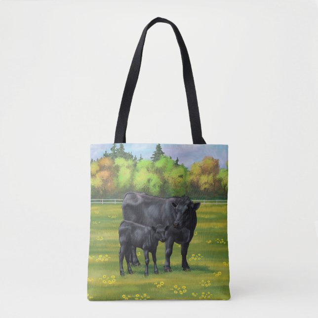 Black Angus Cow & Cute Calf in Summer Pasture Tote Bag (Front)
