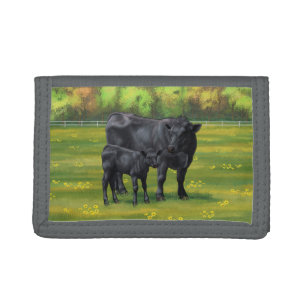 Black Angus Cow & Cute Calf in Summer Pasture Tri-fold Wallet