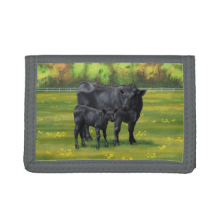 Black Angus Cow & Cute Calf in Summer Pasture Trifold Wallet