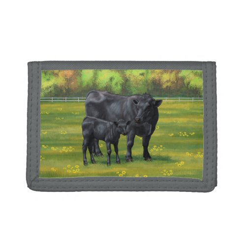 Black Angus Cow  Cute Calf in Summer Pasture Trifold Wallet