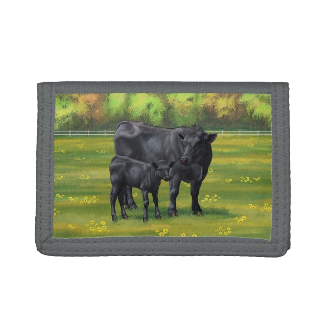 Black Angus Cow & Cute Calf in Summer Pasture Trifold Wallet (Front)