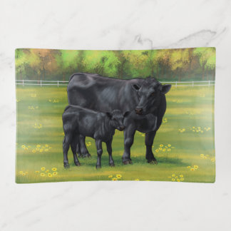 Black Angus Cow & Cute Calf in Summer Pasture Trinket Tray