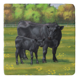 Black Angus Cow & Cute Calf in Summer Pasture Trivet