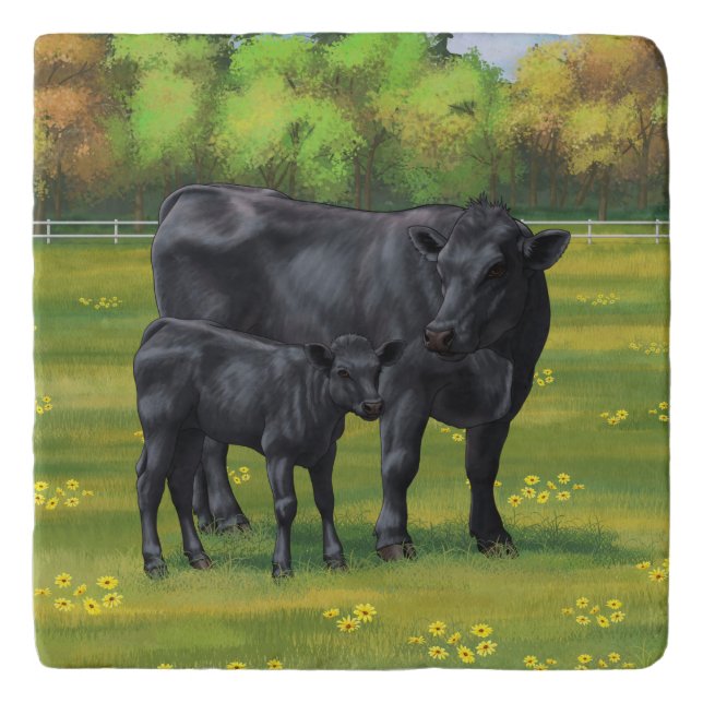 Black Angus Cow & Cute Calf in Summer Pasture Trivet (Front)