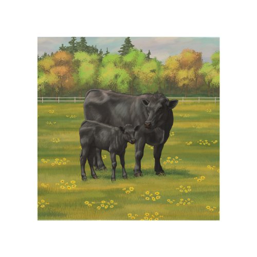 Black Angus Cow  Cute Calf in Summer Pasture Wood Wall Art