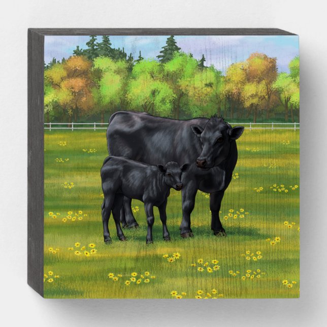 Black Angus Cow & Cute Calf in Summer Pasture Wooden Box Sign (Front Horizontal)