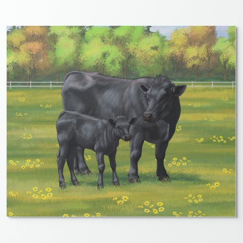 Black Angus Cow  Cute Calf in Summer Pasture Wrapping Paper