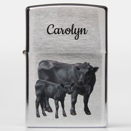 Black Angus Cow  Cute Calf in Summer Pasture Zippo Lighter