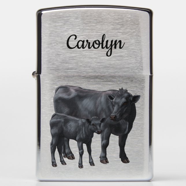 Black Angus Cow & Cute Calf in Summer Pasture Zippo Lighter (Front)