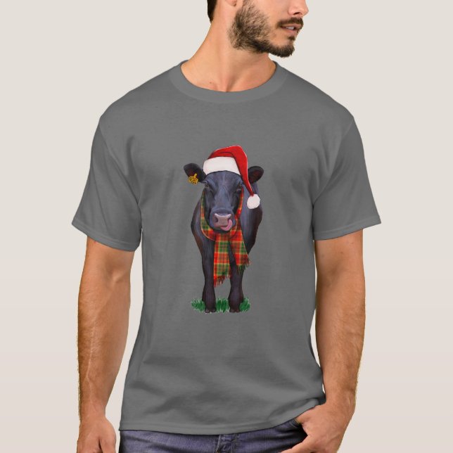 Black Angus Cow Santa Hat Christmas , Hello Thankm T-Shirt (Front)