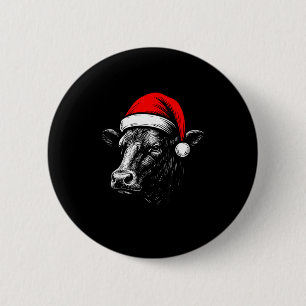 Black Angus Rancher Christmas Cow Santa Hat Farmer Button
