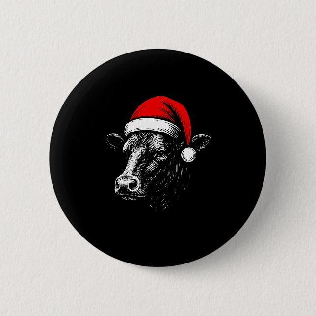 Black Angus Rancher Christmas Cow Santa Hat Farmer Button (Front)