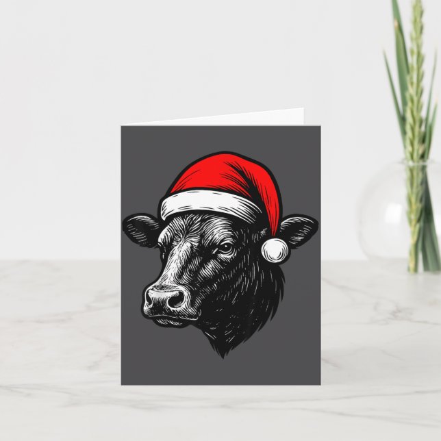 Black Angus Rancher Christmas Cow Santa Hat Farmer Card (Front)