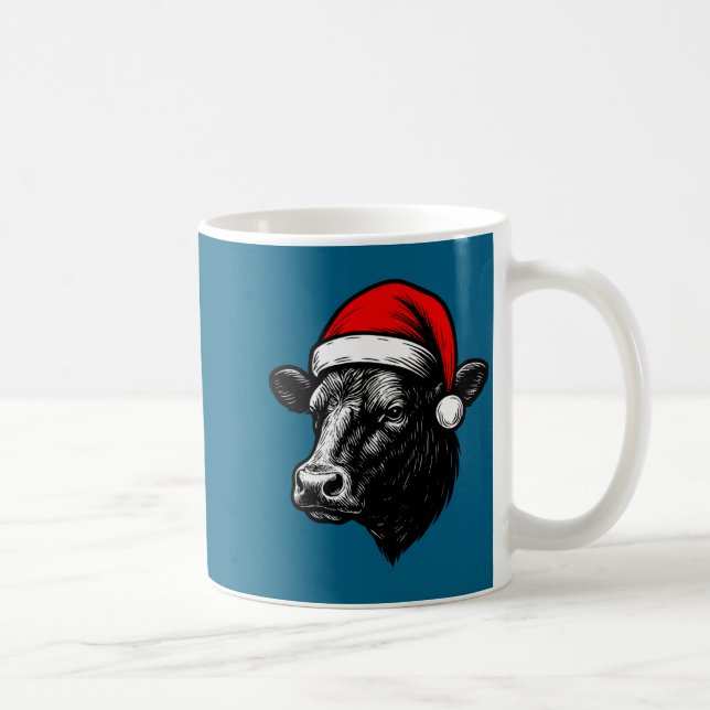 Black Angus Rancher Christmas Cow Santa Hat Farmer Coffee Mug (Right)