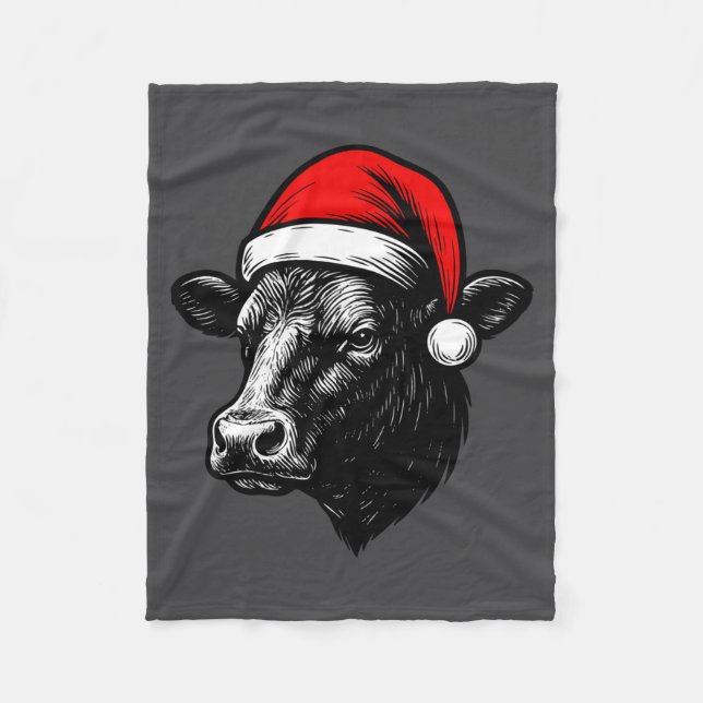 Black Angus Rancher Christmas Cow Santa Hat Farmer Fleece Blanket (Front)