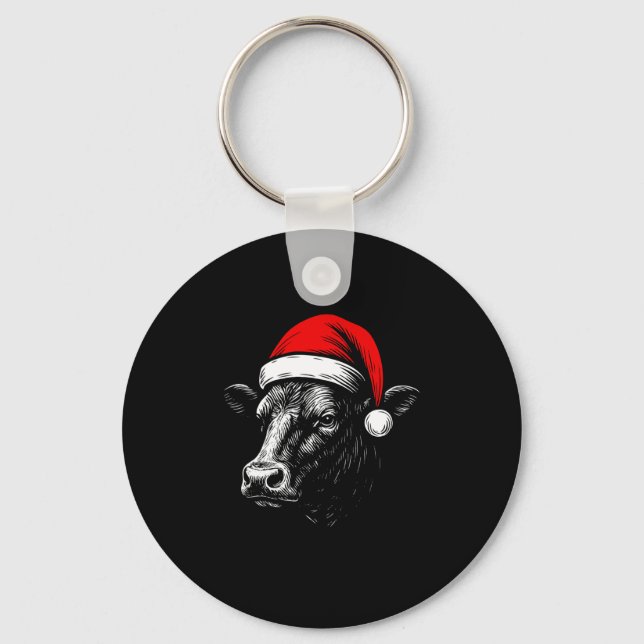 Black Angus Rancher Christmas Cow Santa Hat Farmer Keychain (Front)