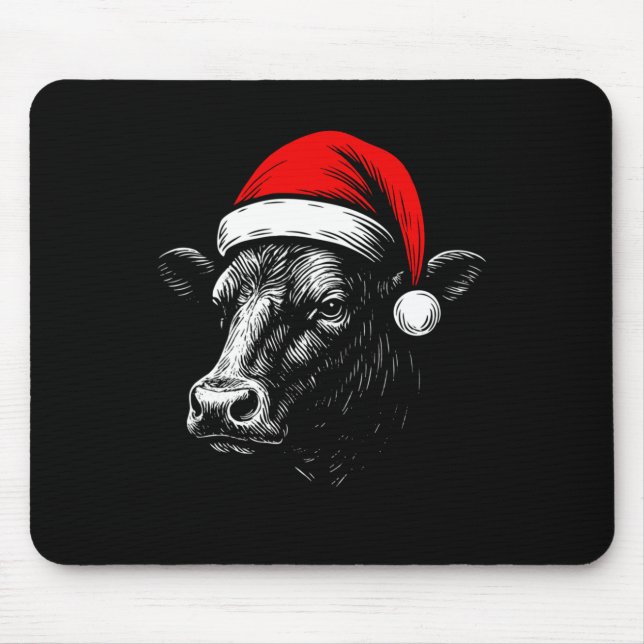 Black Angus Rancher Christmas Cow Santa Hat Farmer Mouse Pad (Front)