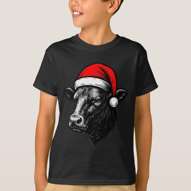 Black Angus Rancher Christmas Cow Santa Hat Farmer T-Shirt (Front)