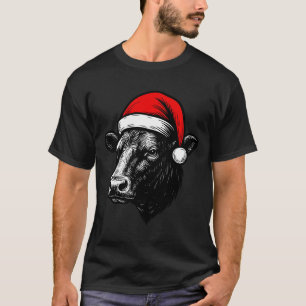 Black Angus Rancher Christmas Cow Santa Hat Farmer T-Shirt