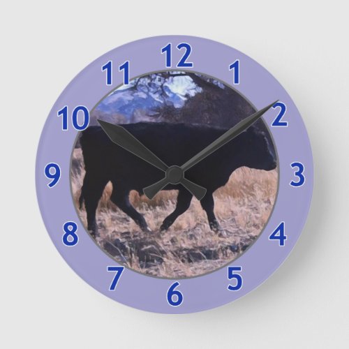 Black Angus Steer Round Clock