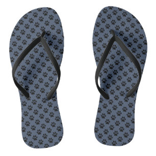 Black Animal Paw Prints on Blue Jeans Blue Flip Flops