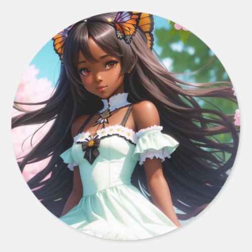 Black Anime Female Character Animecore Classic Round Sticker