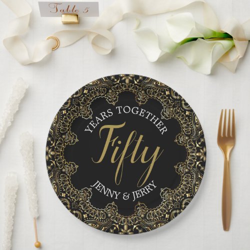 Black Anniversary Paper Plate with gold accents