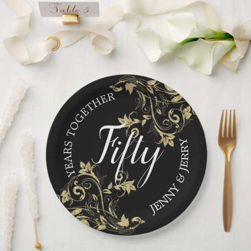 Black Anniversary Paper Plate with gold flowers