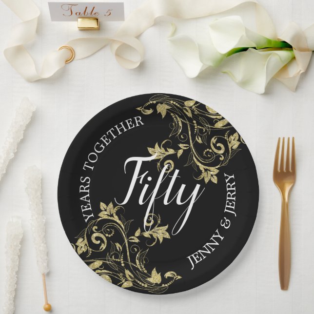 Black Anniversary Paper Plate with gold flowers (Wedding)